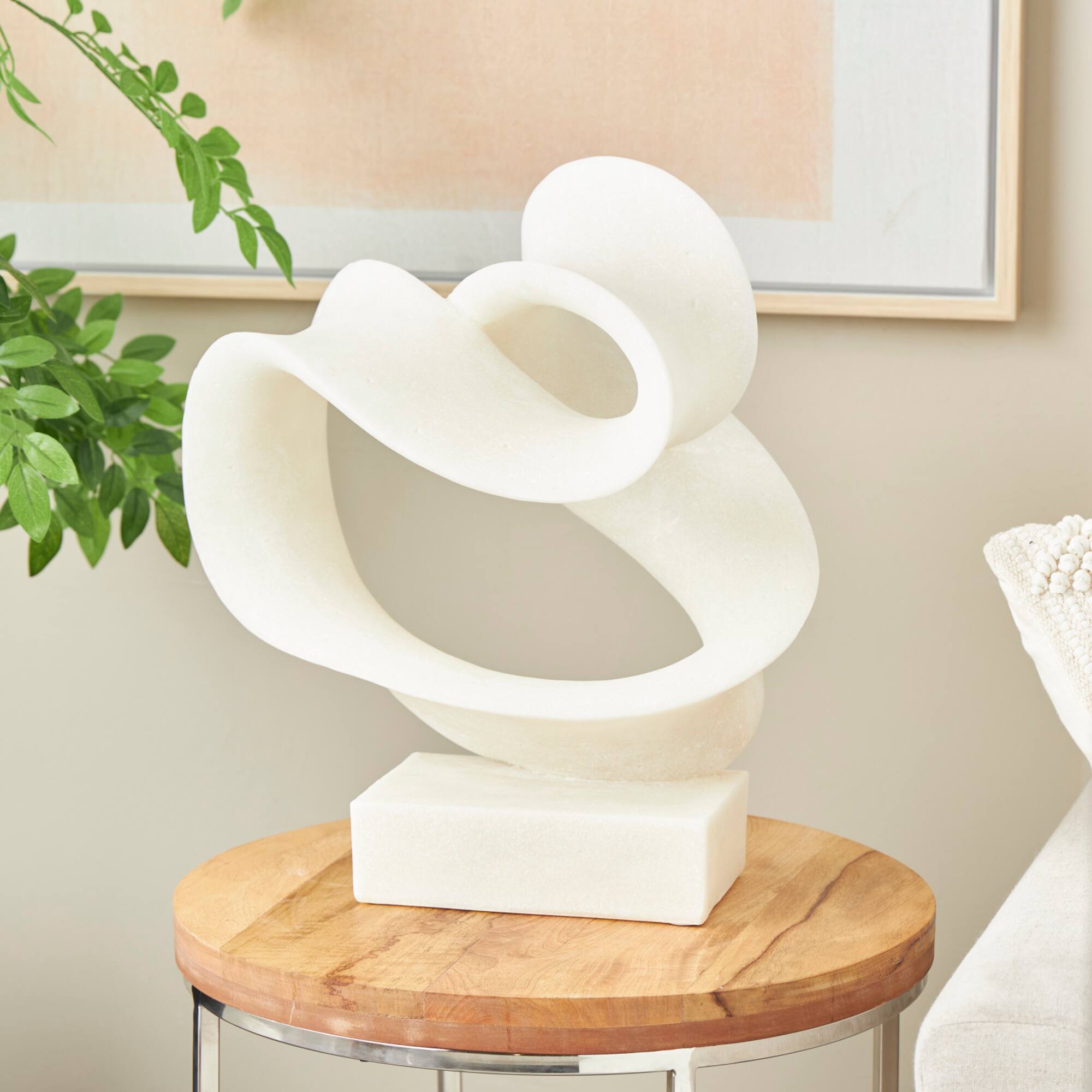 19.5" White Polystone Abstract Twisted Wave Decorative Sculpture with Elevated Base